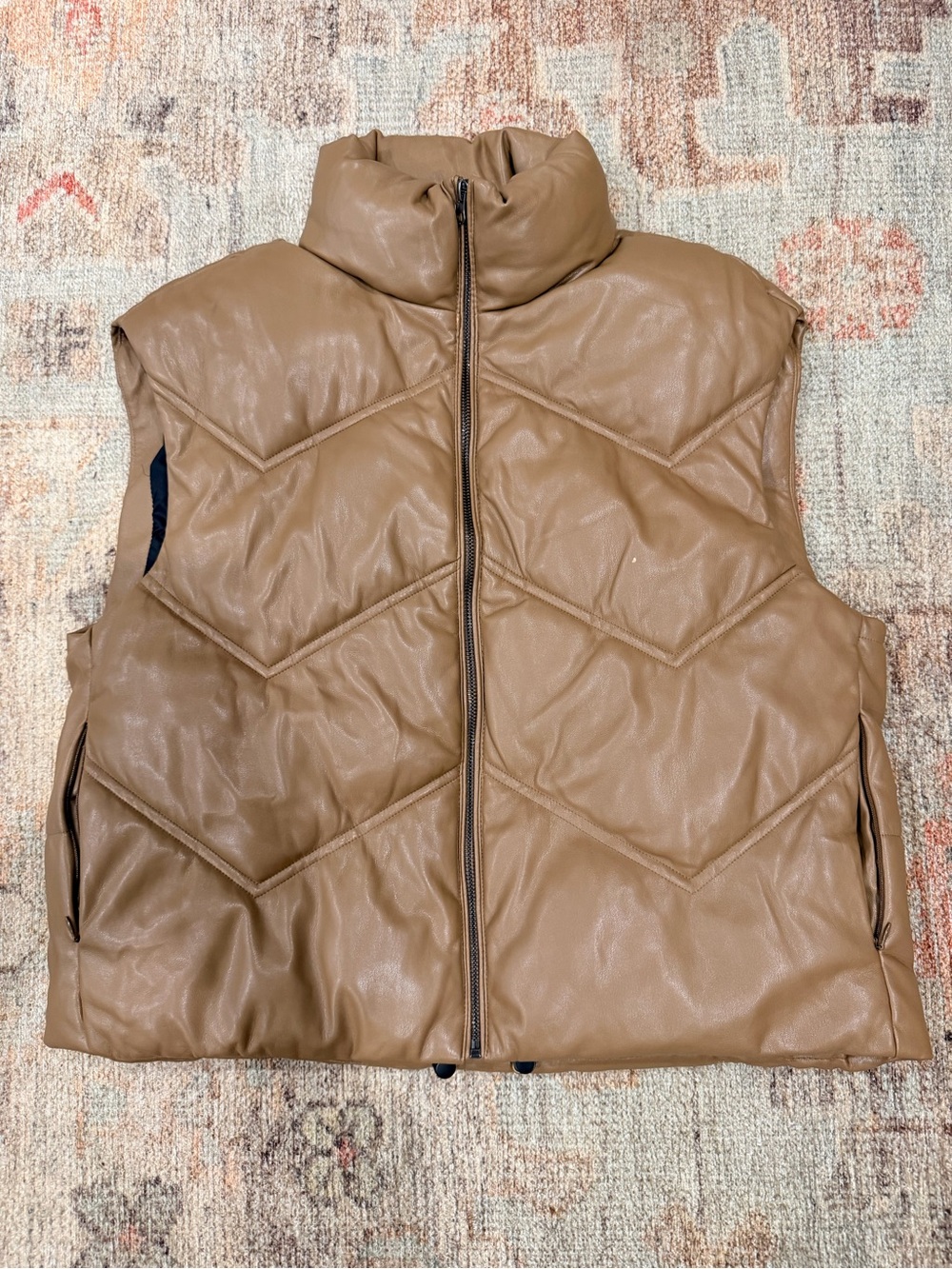 Zara Brown Quilted Faux Leather Puffer Vest